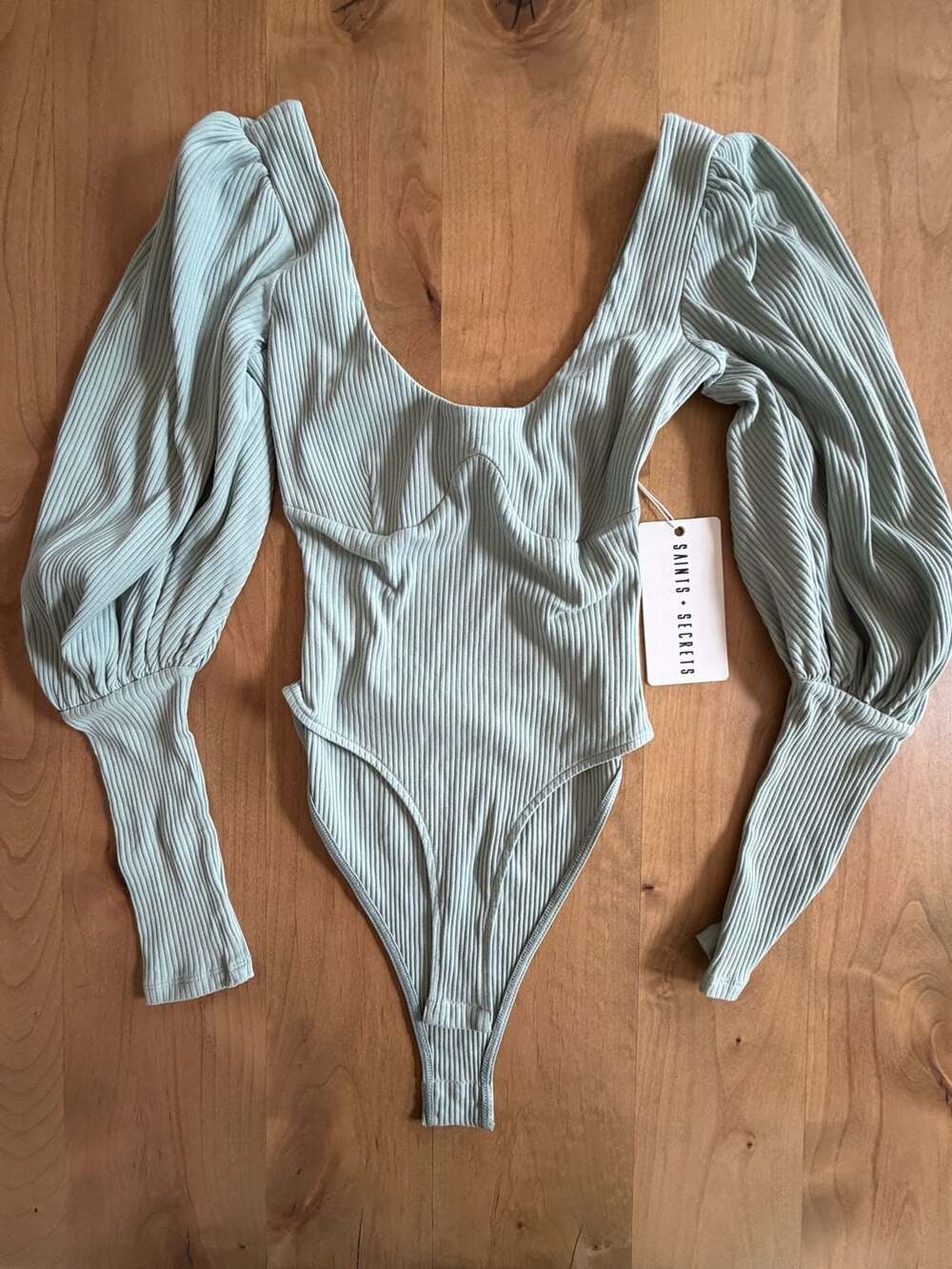 Saints Secrets Sage Ribbed Long Sleeve Puff Sleeve Bodysuit Small
